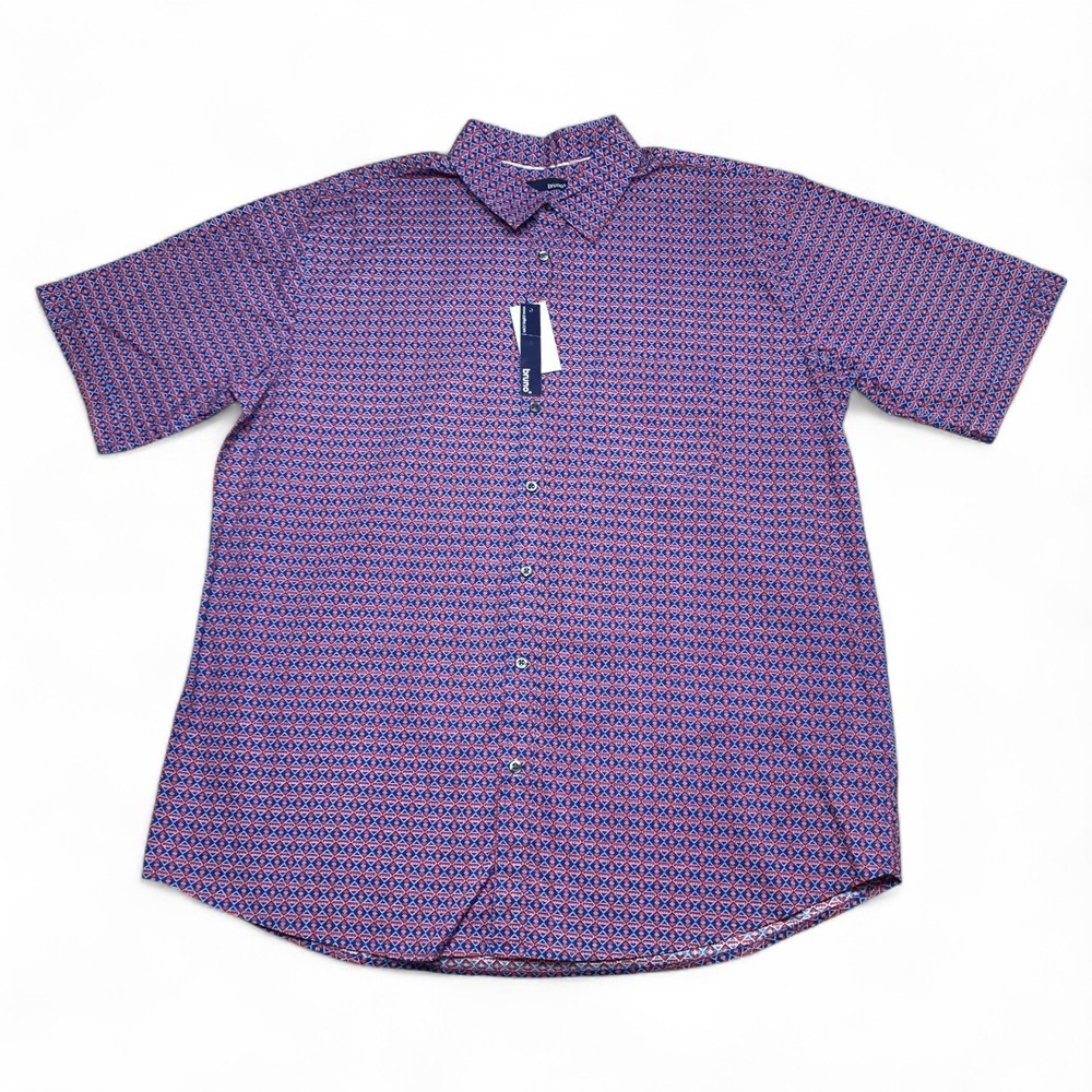 Bruno Button Down Shirt Mens 2XLT Navy Red Diamond Pattern Short Sleeve NWT